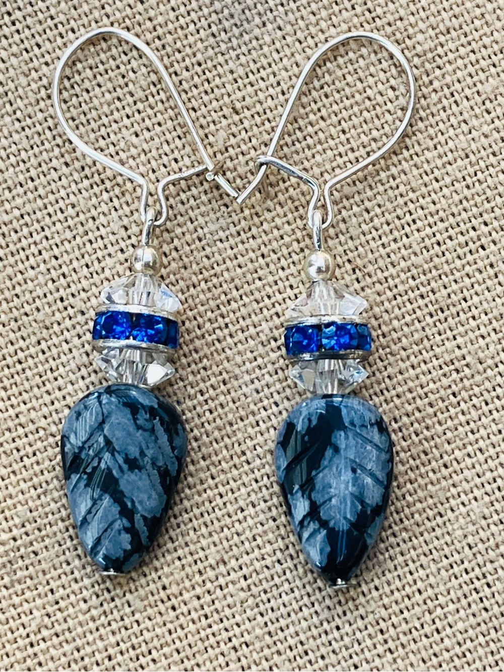 925 Sterling Snowflake Obsidian Drop Earrings with Swarovski Crystals Beads
